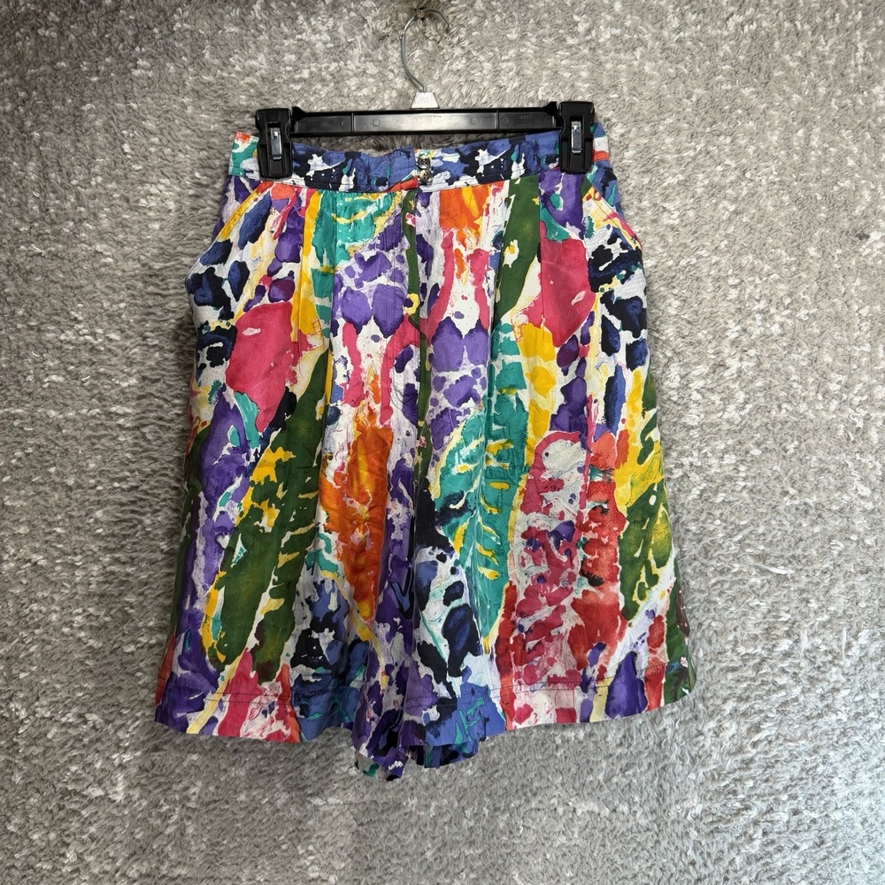 Vintage Abstract Watercolor Print High Waisted Pleated Shorts Multi-Color Womens